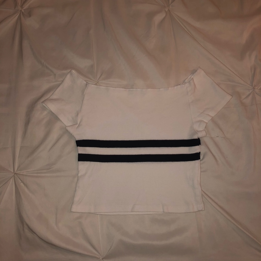 White with navy stripe rin off shoulder John Galt